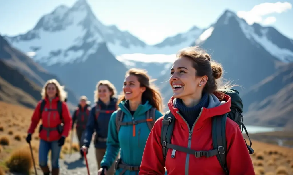 Grupo diverso de mulheres em trilha rumo às montanhas nevadas perto de Ushuaia, Argentina.