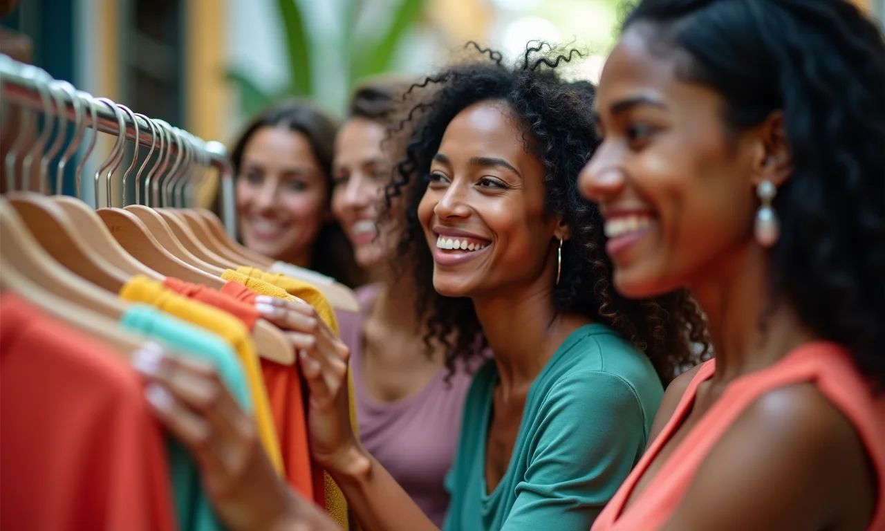 Grupo diverso de mulheres escolhendo roupas em loja colorida.