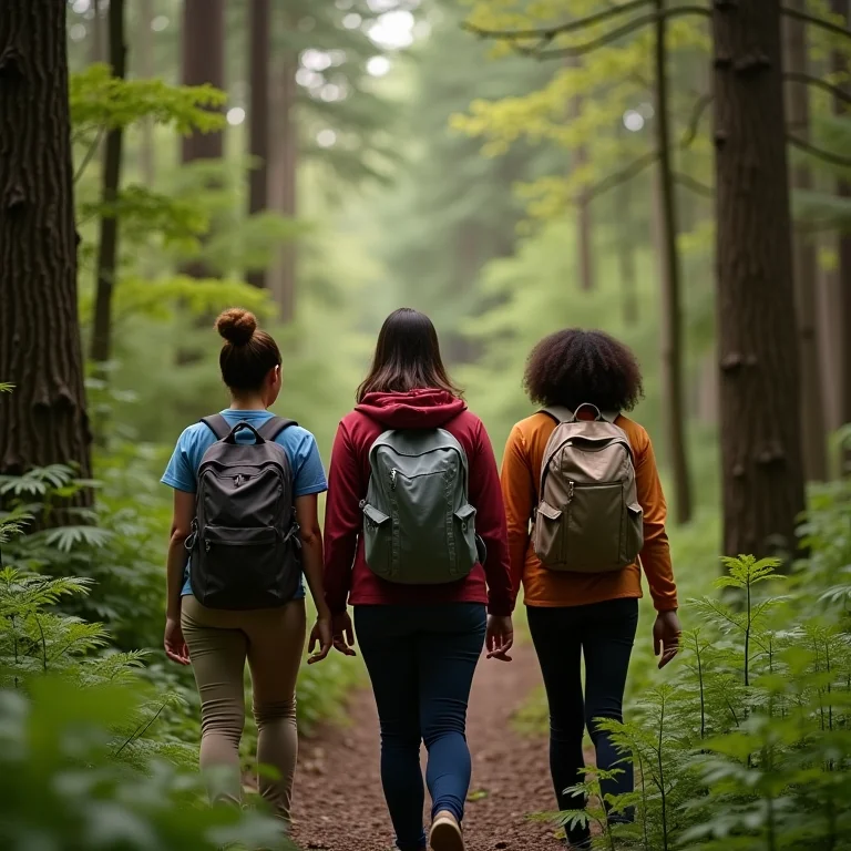 Grupo diverso de mulheres fazendo trilha juntas na natureza.