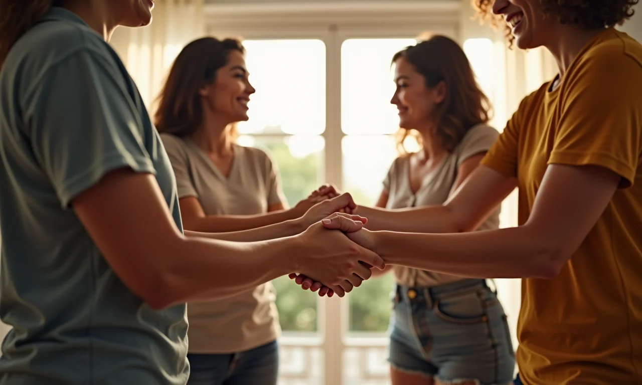 Grupo diverso de pessoas com as mãos abertas, representando a importância do perdão na família.