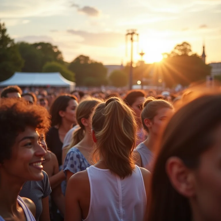 Grupo diverso de pessoas em show ao ar livre, curtindo a música.