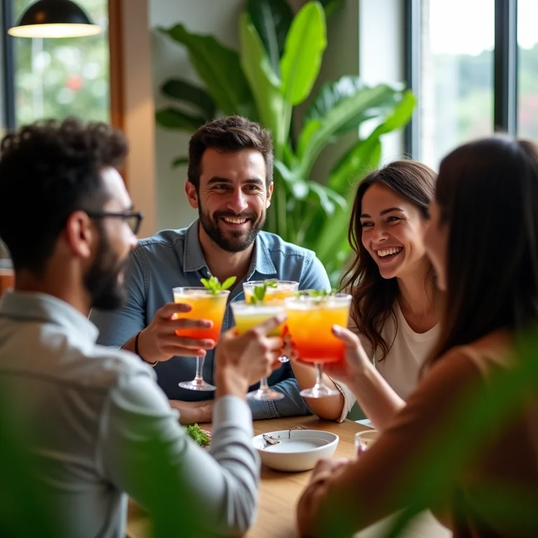 Grupo diverso de profissionais celebrando iniciativa sustentável.