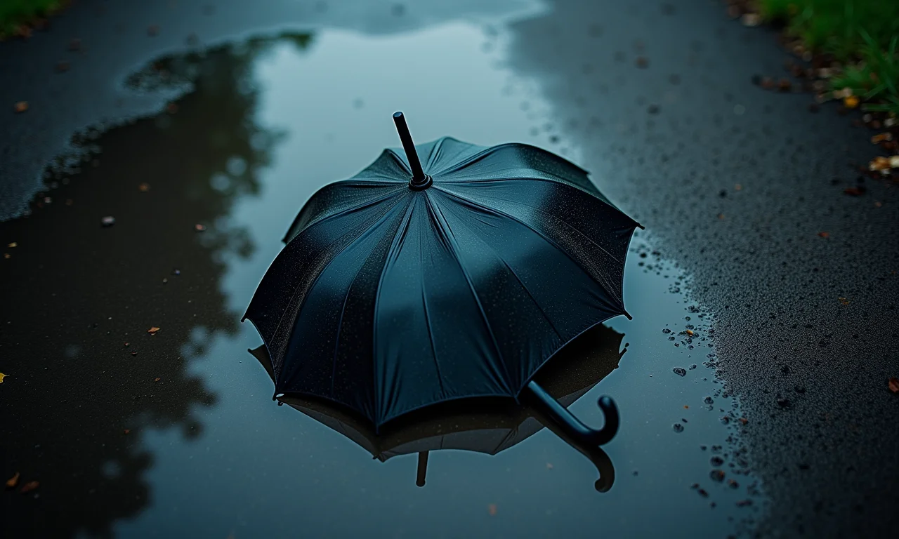 Guarda-chuva quebrado jogado em poça d'água na rua.