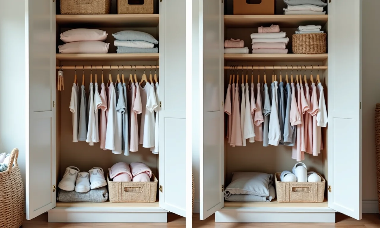 Guarda-roupa de bebê com roupas desorganizadas e organizadas após a dobra correta.