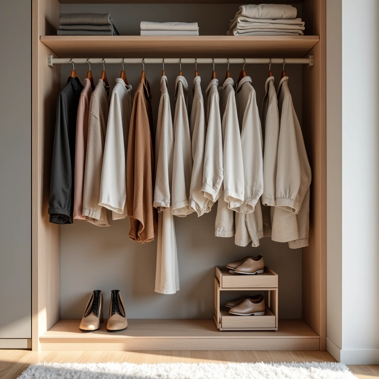 Guarda-roupa minimalista com peças de alta qualidade, cores neutras e organização impecável.