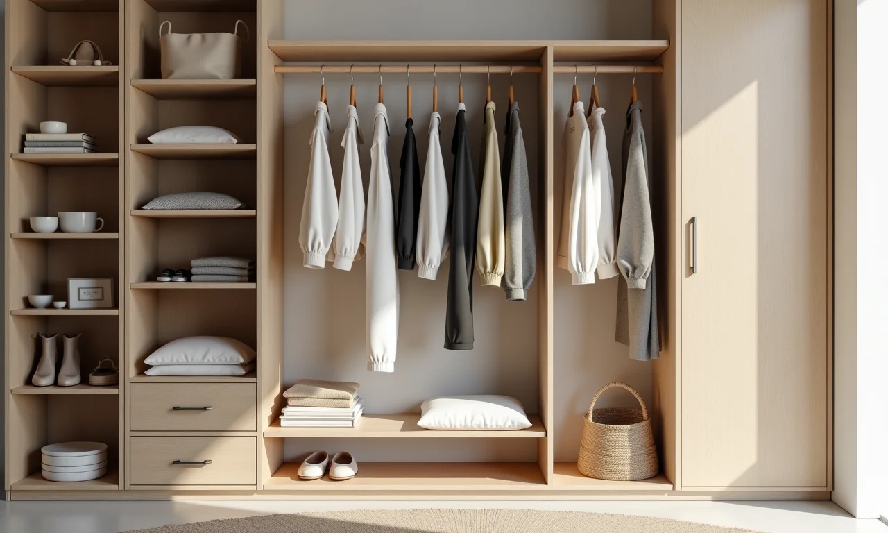 Guarda-roupa minimalista com peças de roupa em tons neutros.