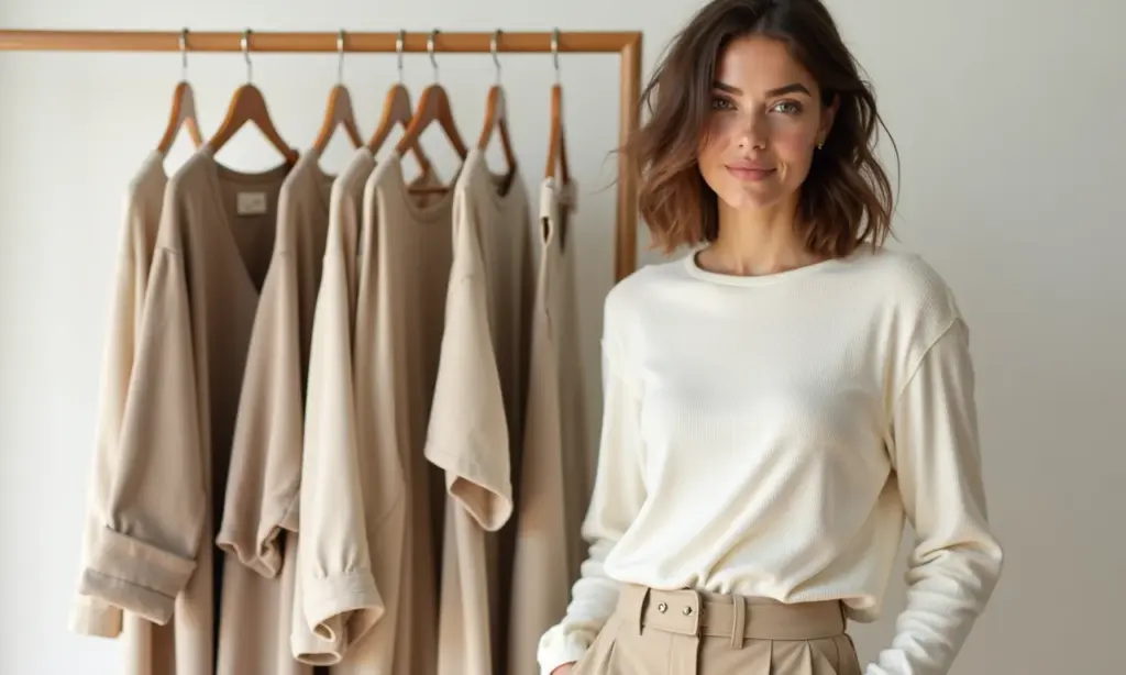 Guarda-roupa minimalista com peças essenciais em cores neutras.