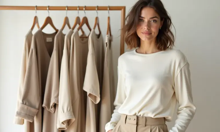 Guarda-roupa minimalista com peças essenciais em cores neutras.