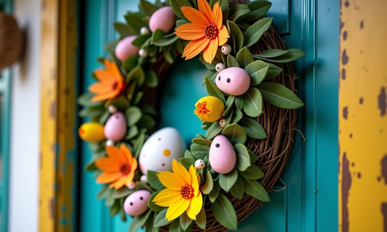 Guirlanda de Páscoa feita com materiais reciclados, pendurada em porta de madeira.