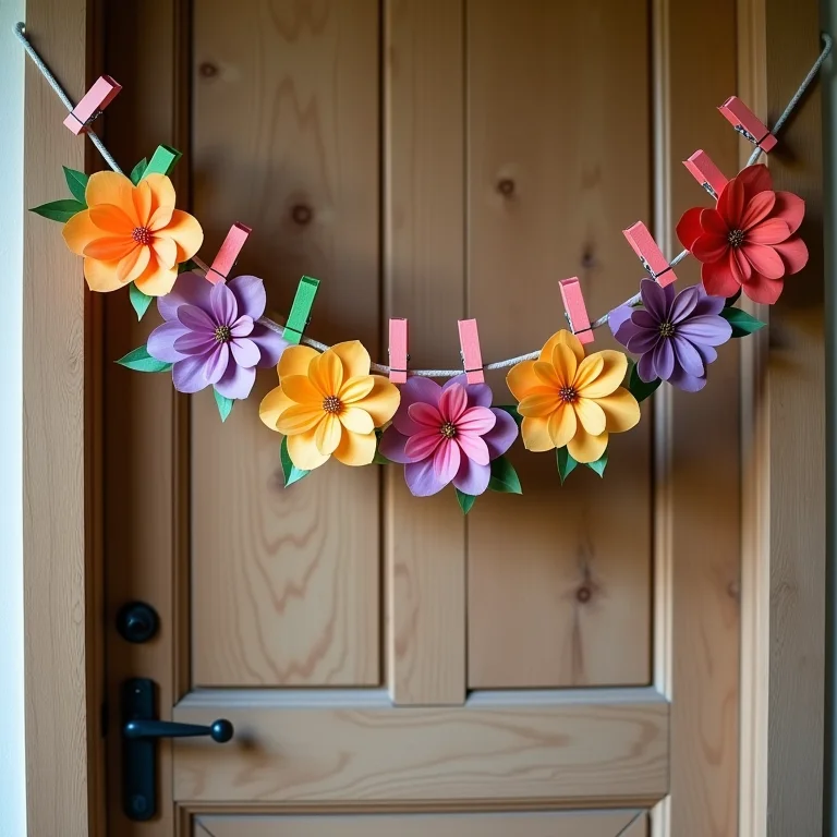 Guirlanda decorativa feita com prendedores de roupa e flores de papel.