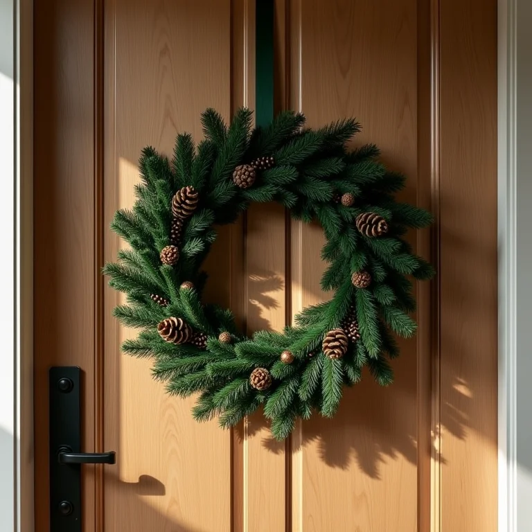Guirlanda minimalista de Natal em porta de madeira