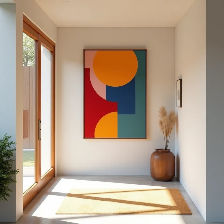 Hall de entrada com pintura geométrica em cores vibrantes