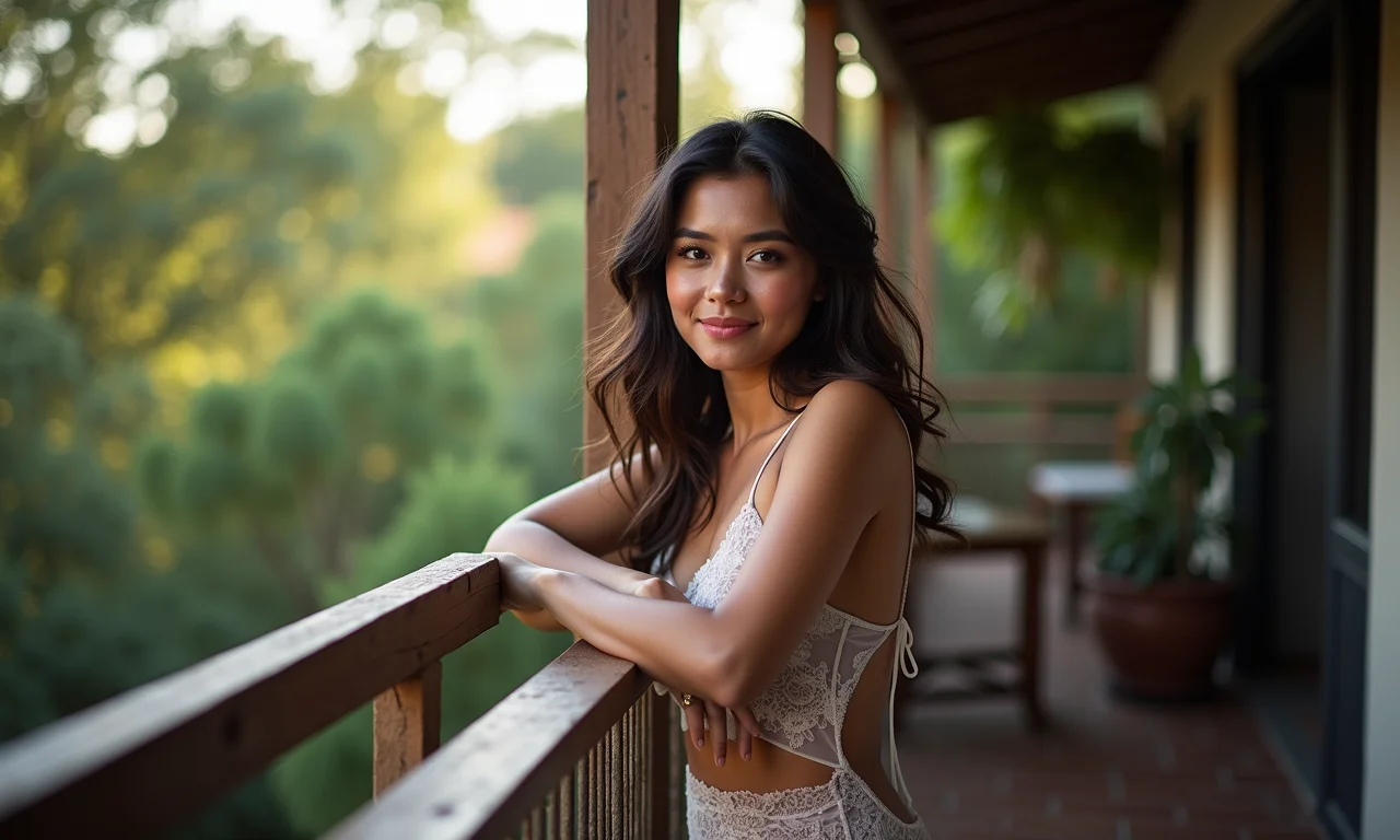 Hera caindo elegante da varanda sombreada.