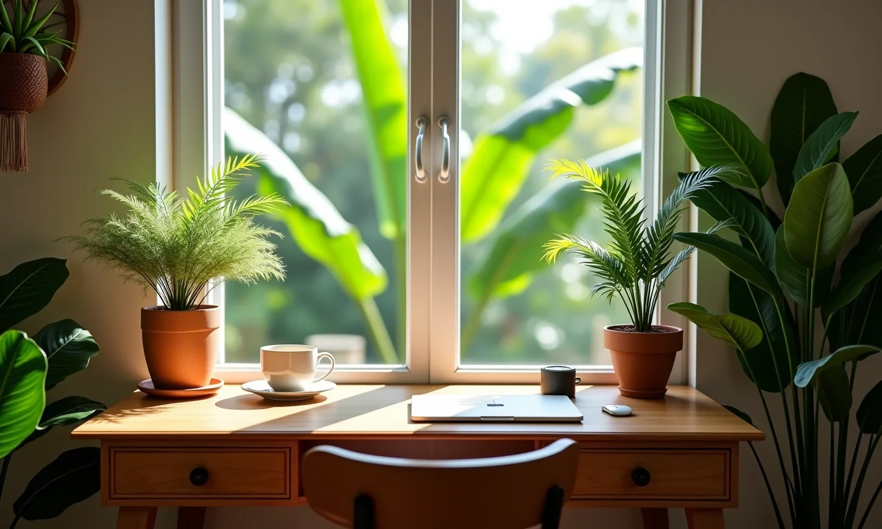 Home office aconchegante perto da janela com vista para o jardim.