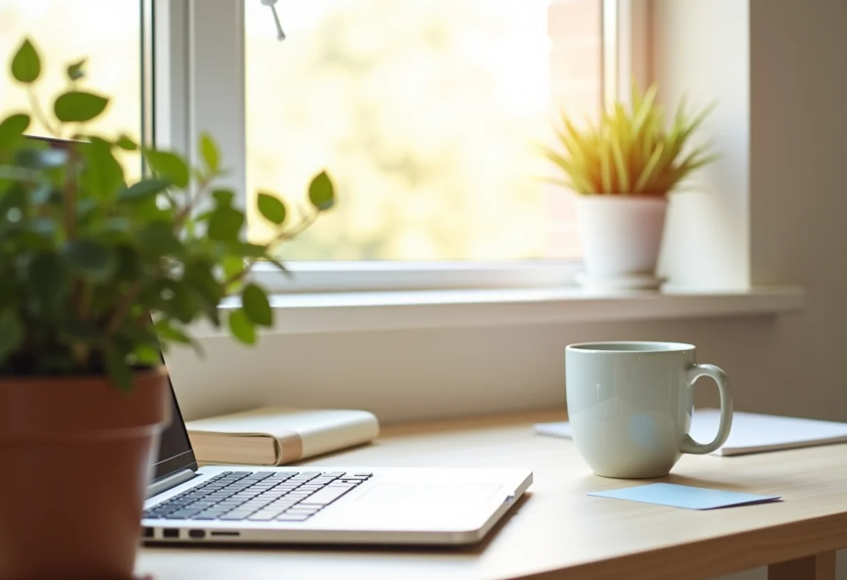 Home office clean e organizado com iluminação natural
