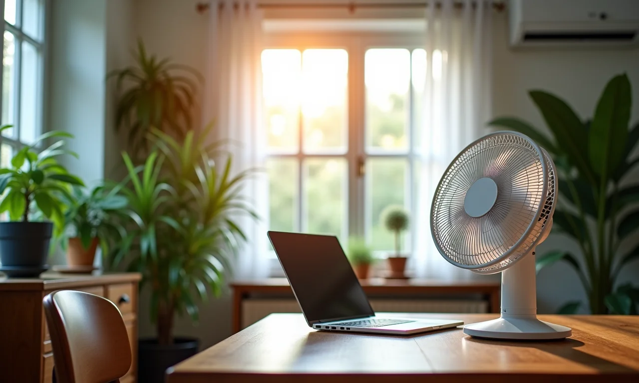 Home office com conforto térmico garantido com ventilador e ventilação.