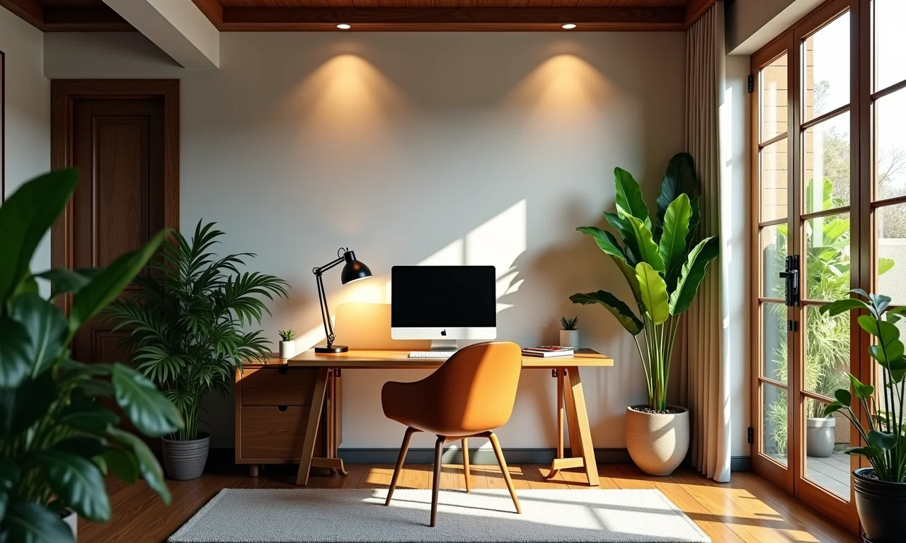Home office com iluminação adequada com luz natural e artificial.