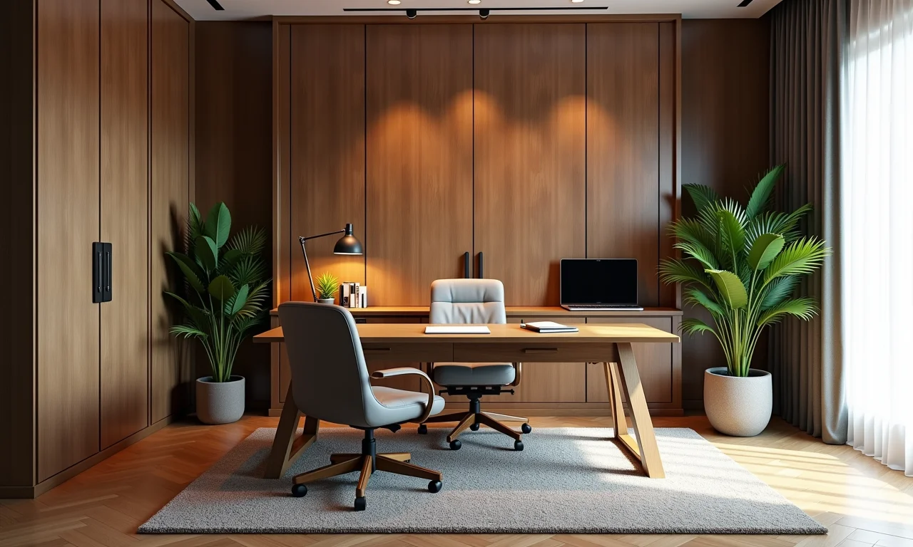 Home office com painéis acústicos para minimizar ruídos.