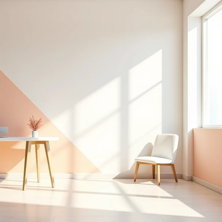 Home office com parede geométrica em tons pastel