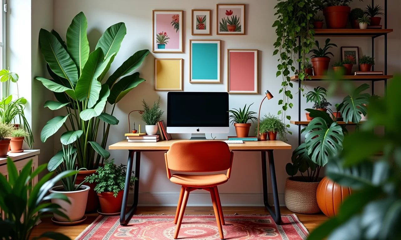 Home office com plantas e detalhes coloridos para inspirar.