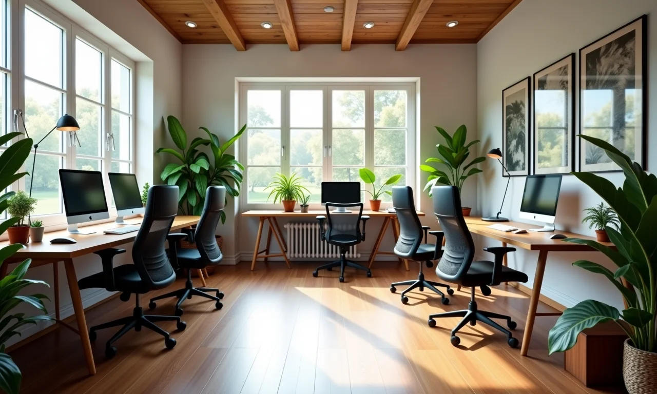 Home office com zonas de trabalho delimitadas para cada pessoa.