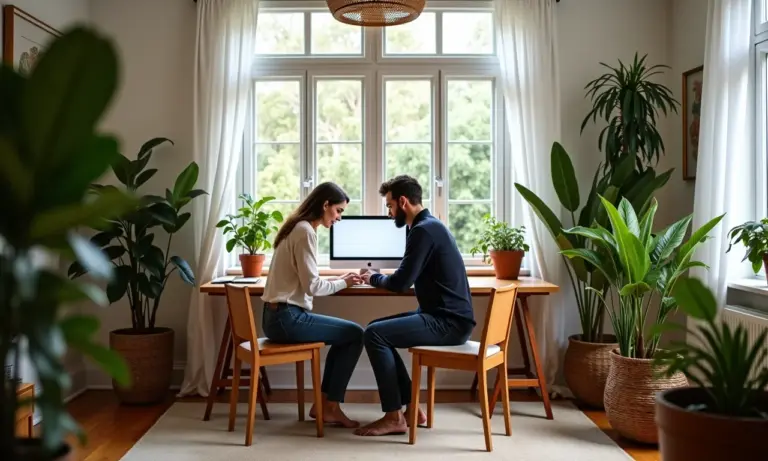 Home office compartilhado por casal com decoração vibrante e plantas.