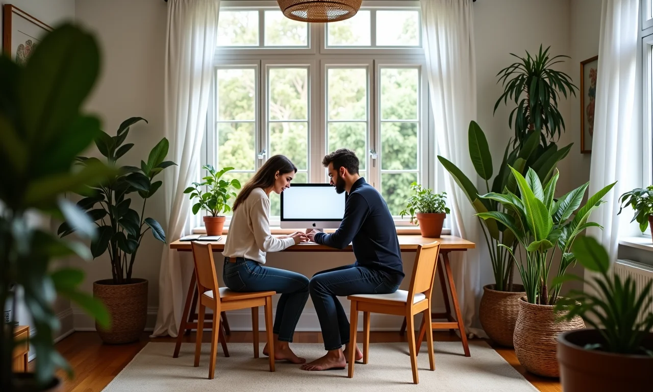 Home office compartilhado por casal com decoração vibrante e plantas.
