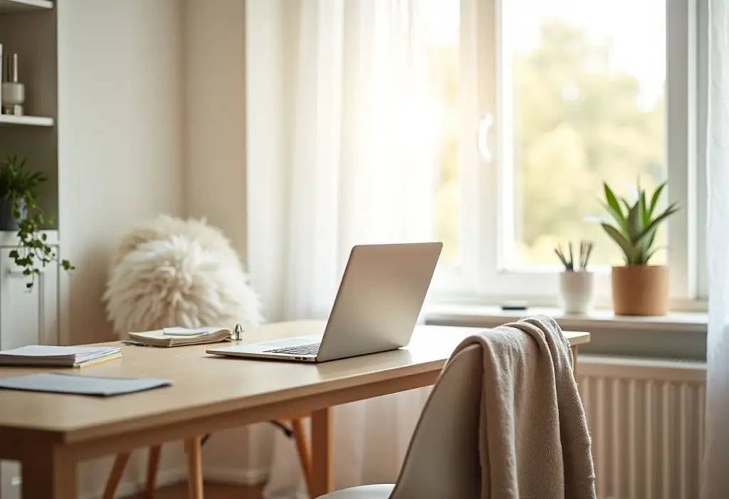 Home office elegante e confortável com luz natural