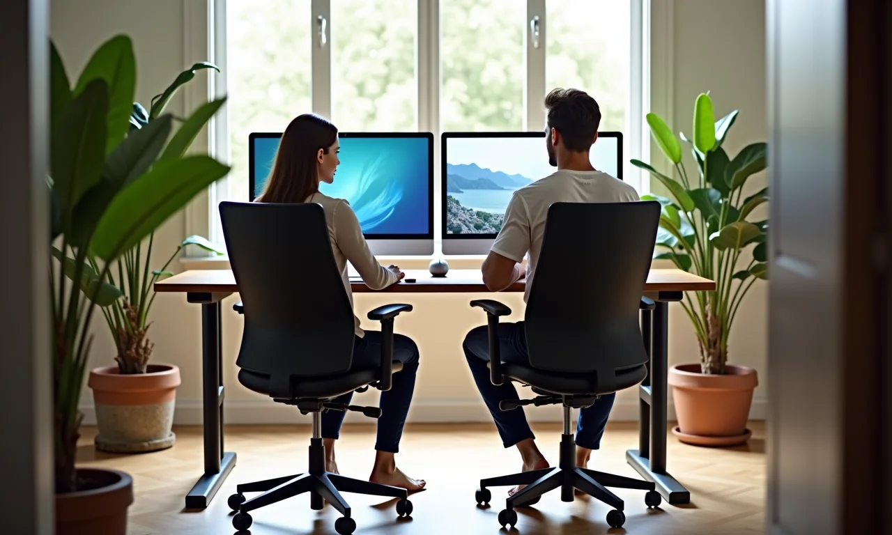 Home office ergonômico para casal com cadeiras ajustáveis e postura correta.