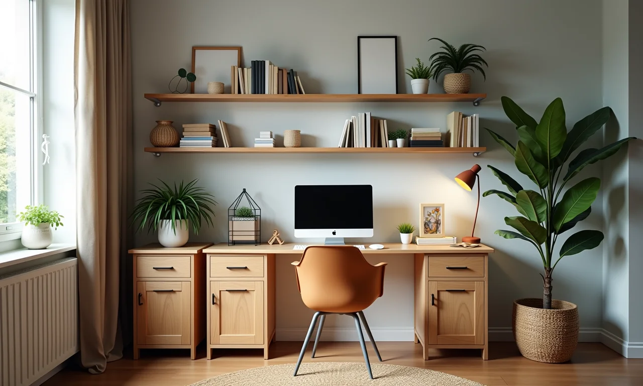 Home office organizado com prateleiras e caixas para otimizar o espaço.