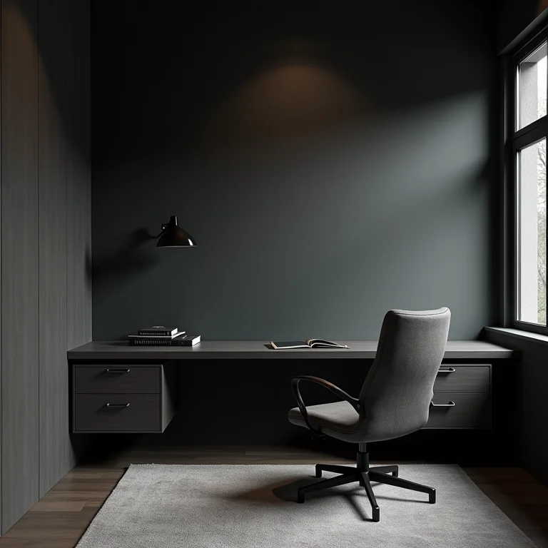 Home office pequeno com cores escuras