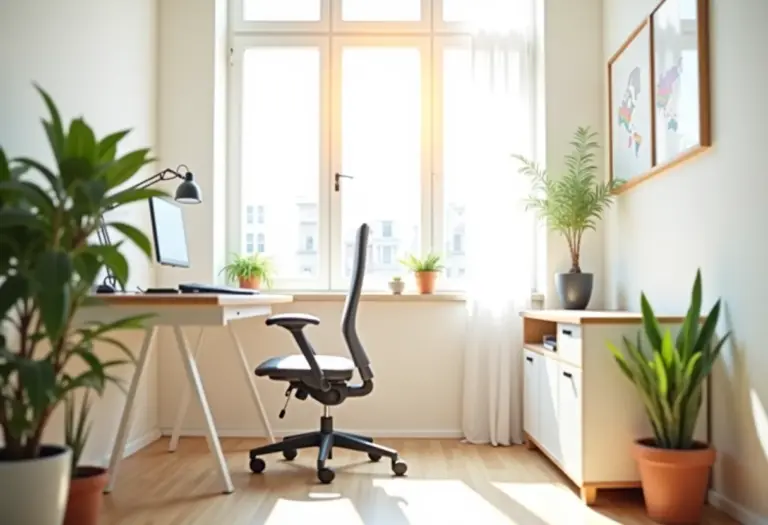 Home office pequeno e produtivo com iluminação natural e decoração minimalista