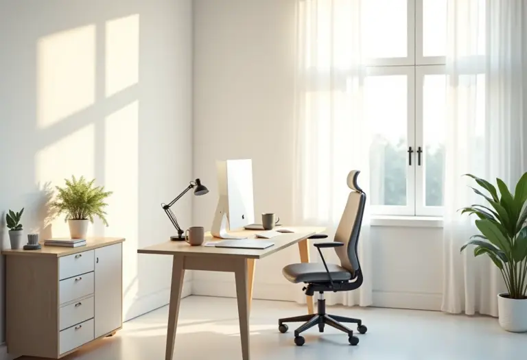 Home office pequeno, iluminado e minimalista