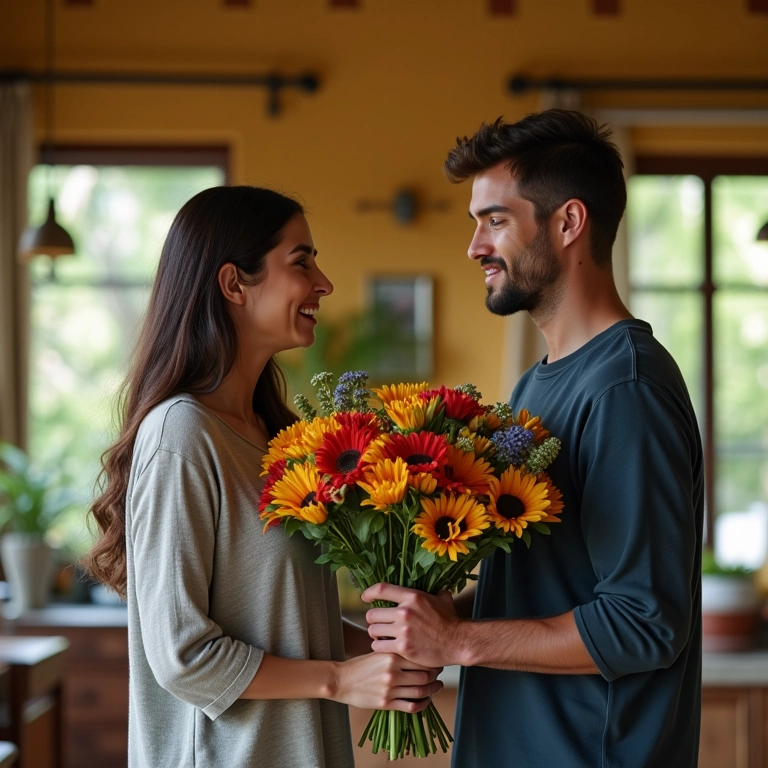Homem presenteando sua parceira com flores coloridas.