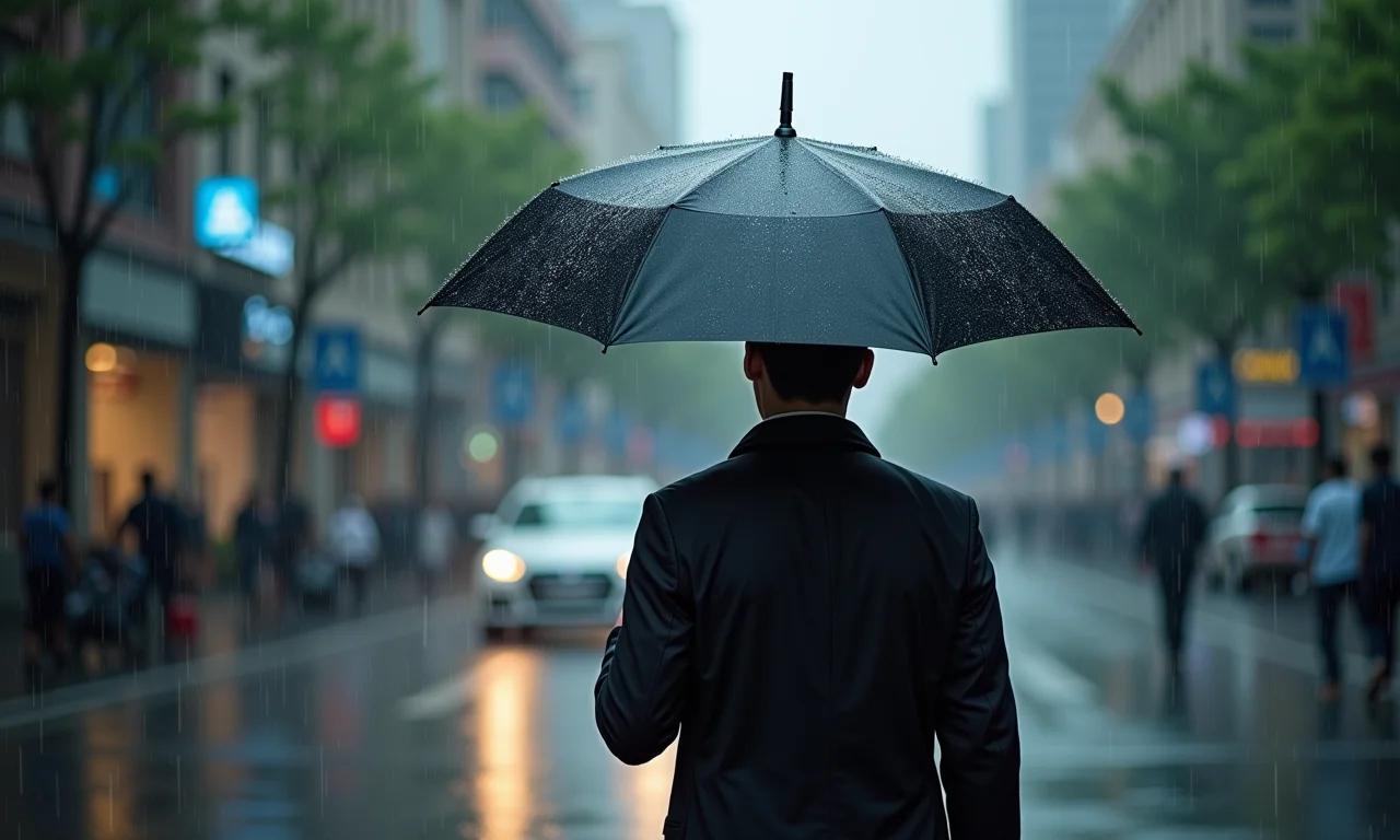 Homem segura guarda-chuva resistente em chuva forte.