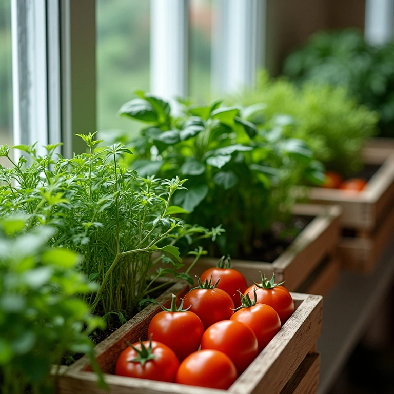 Horta na varanda com ervas frescas, tomates e especiarias.