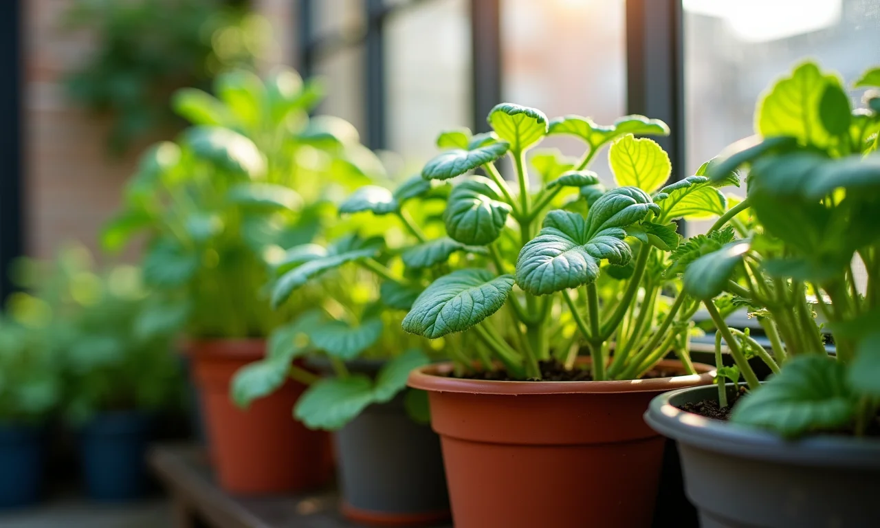 Hortaliças frescas cultivadas em vasos em uma varanda.