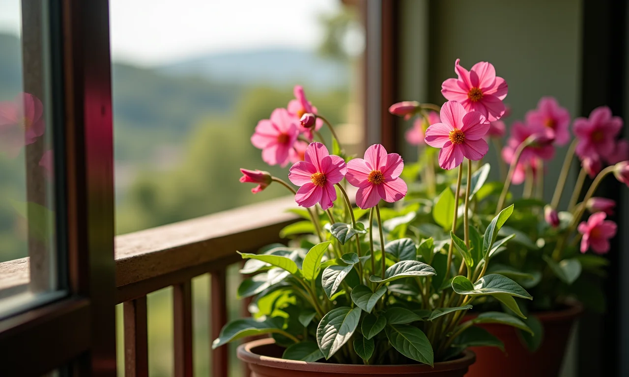 Hortênsia com flores rosas na varanda sombreada.