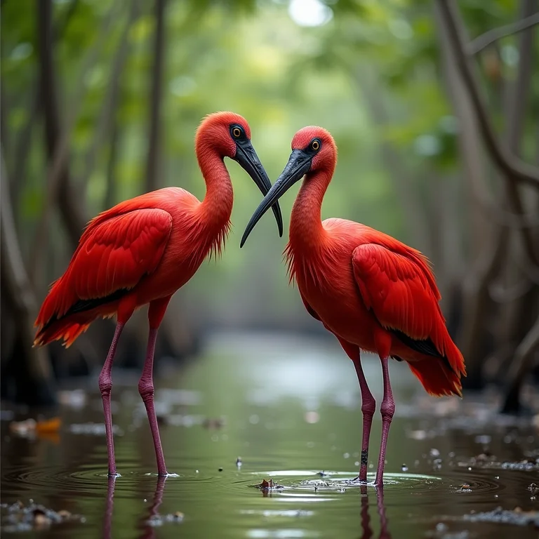 Ibis escarlates em um pântano de mangue em Trinidad e Tobago