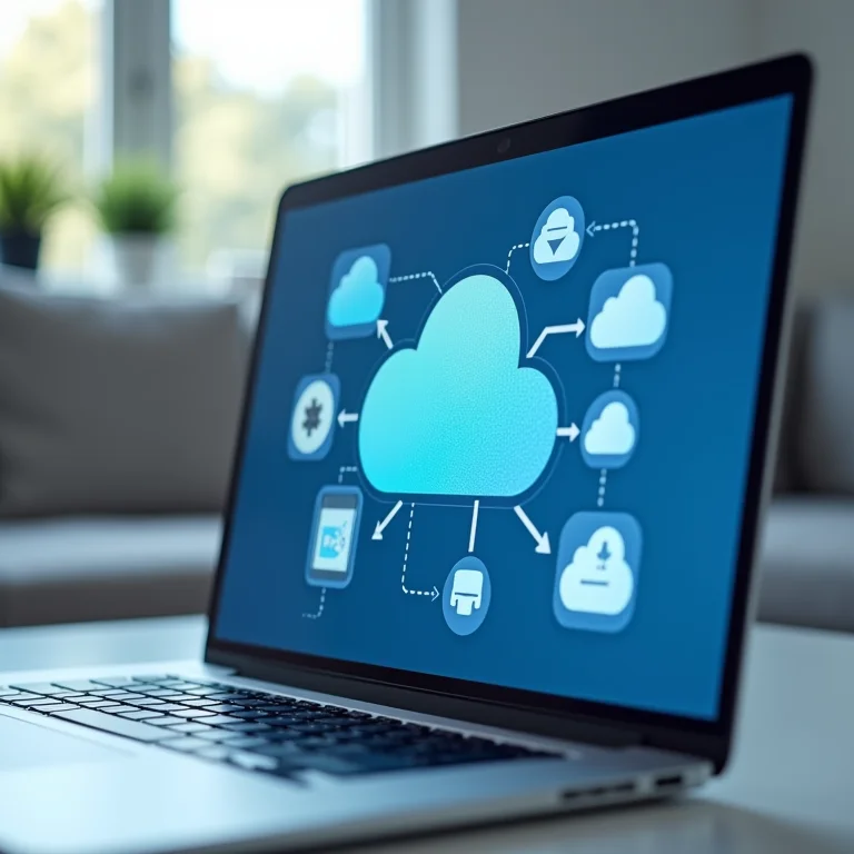 Ícones de serviços de nuvem em tela de laptop.