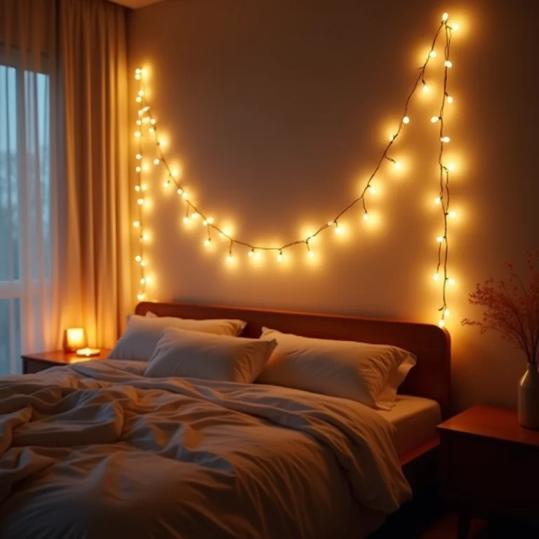 Iluminação aconchegante com cordões de luz em quarto Tumblr