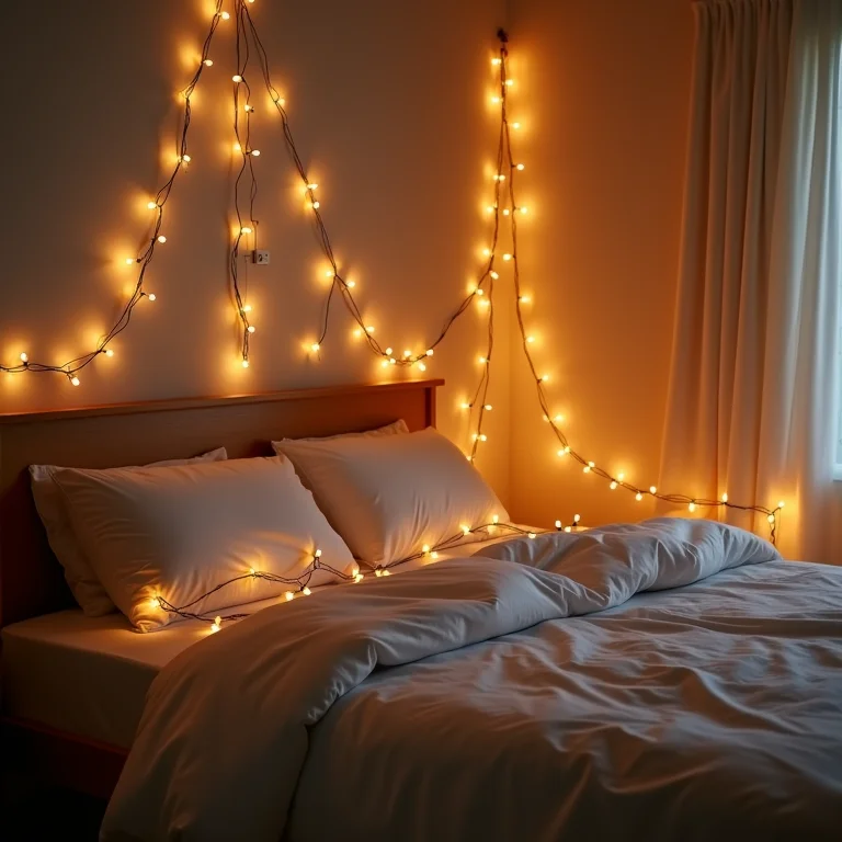 Iluminação aconchegante com luzes de fadas em quarto de menina Tumblr