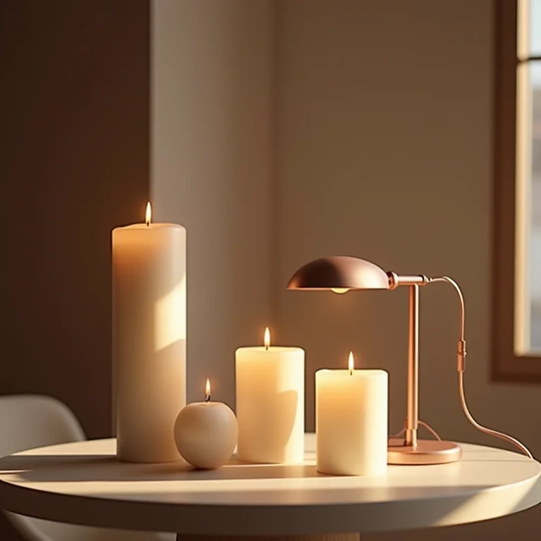 Iluminação aconchegante com velas e luminárias na sala de jantar