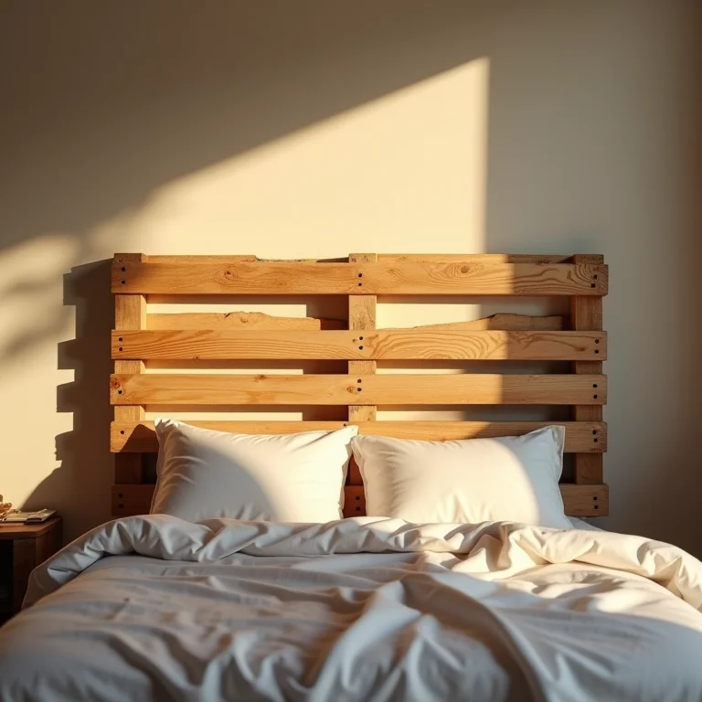 Iluminação aconchegante destacando a textura da cabeceira de pallet.