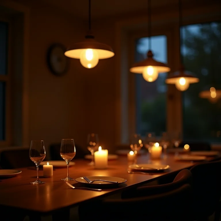 Iluminação aconchegante em uma sala de jantar com luminárias e velas.