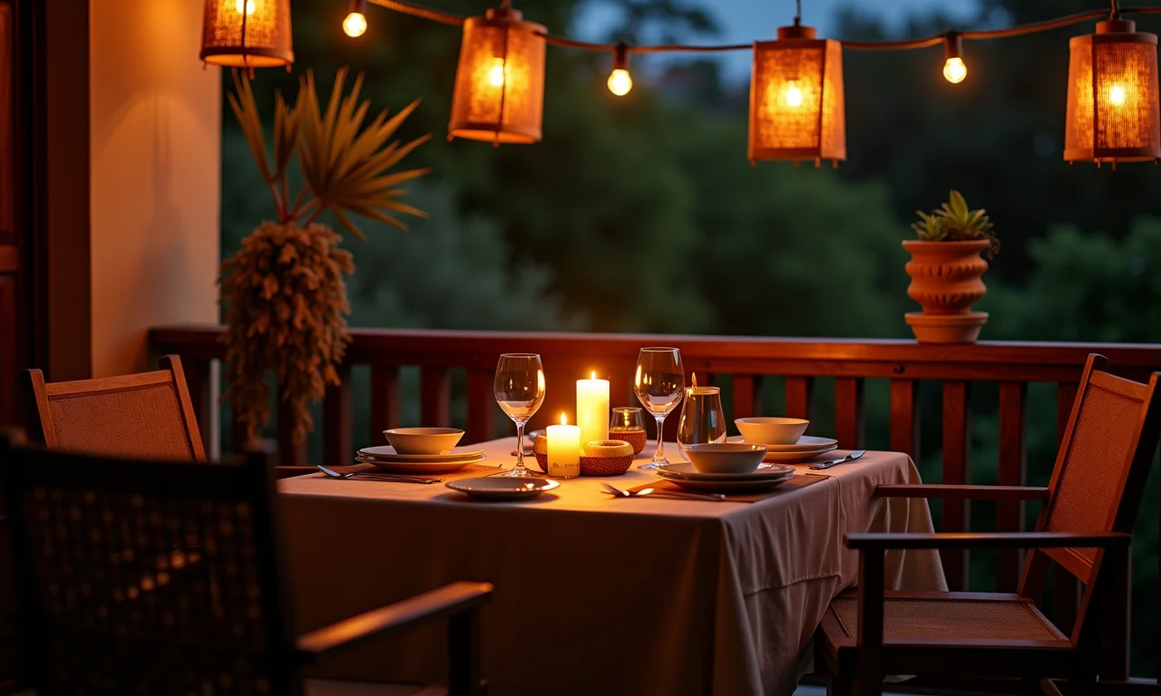 Iluminação aconchegante em varanda gourmet com mesa de demolição.