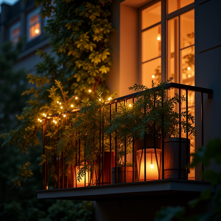 Iluminação destacando plantas na varanda com luzes de fadas e lanternas.