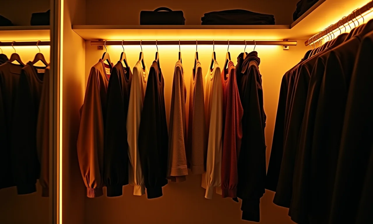 Iluminação estratégica destacando peças favoritas no guarda-roupa.