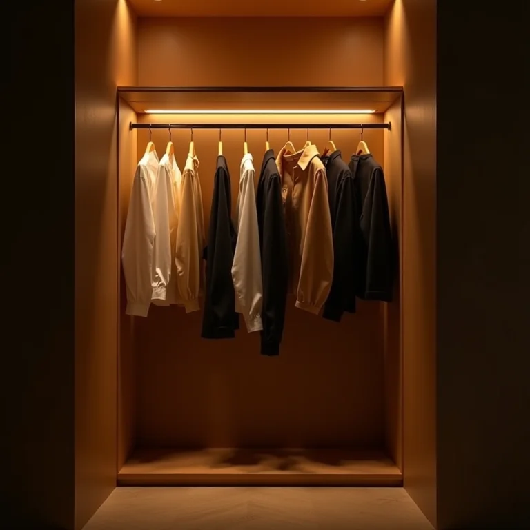 Iluminação suave valorizando um closet organizado