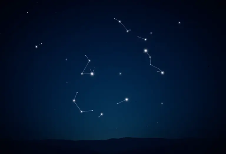 Imagem do céu noturno com constelações representando os signos do zodíaco.